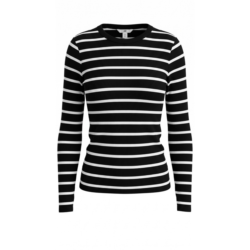 HM Womens XL Black White Striped Ribbed Long Sleeve Crew Neck Top P/N 1203084 8
